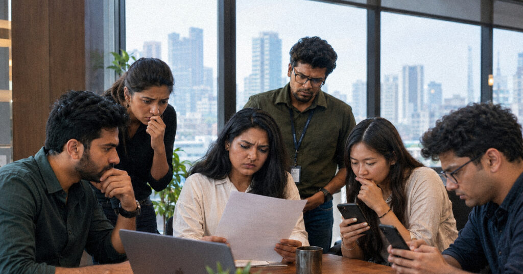Employees discussing concerns about digital user experience monitoring tool at work