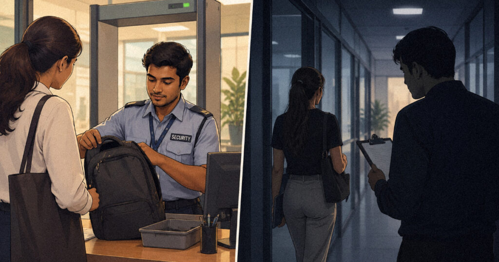 Illustration comparing legitimate security checks with intrusive employee surveillance
