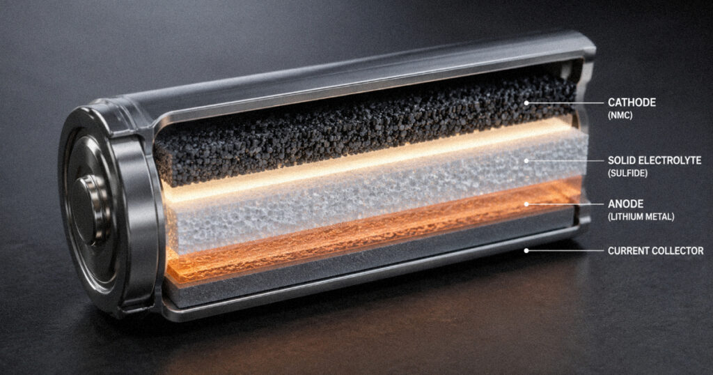 Cutaway view of a solid-state battery cell showing solid electrolyte layers