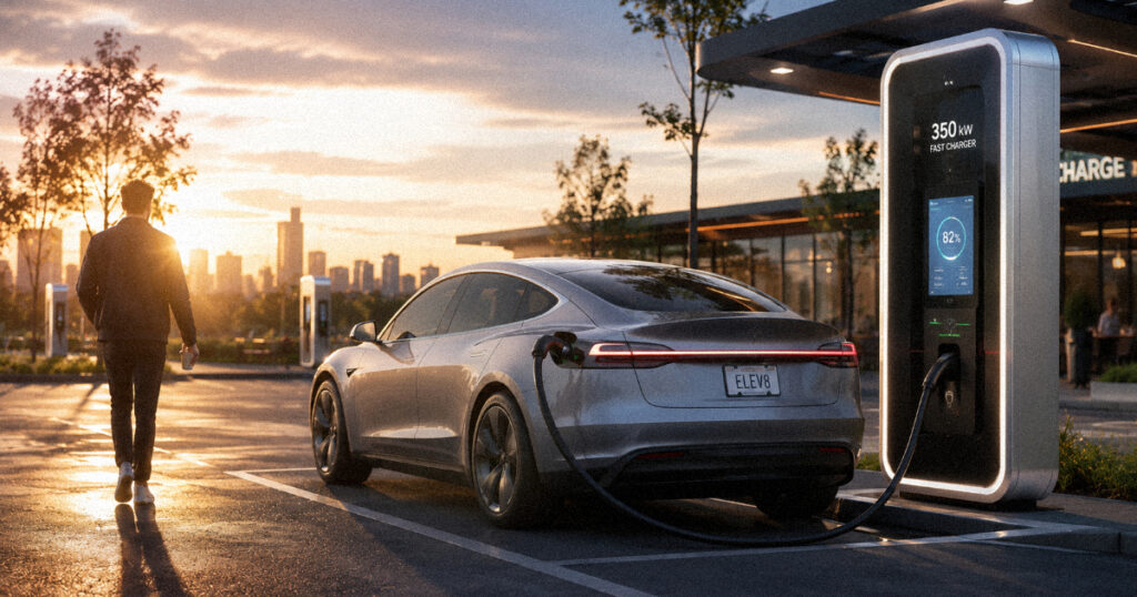 Electric car charging quickly at a station representing solid-state battery technology