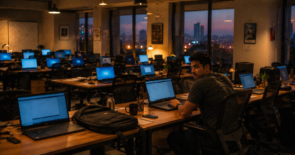 Employee closing laptop in office reflecting on workplace monitoring concerns