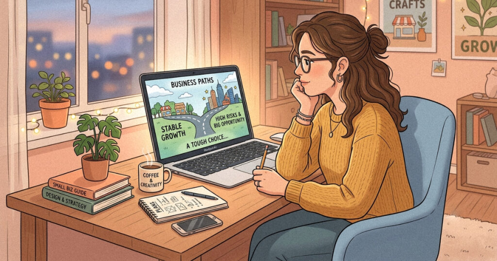 An illustration of a thoughtful blog owner sitting at a desk looking at a laptop with a split path icon on screen.