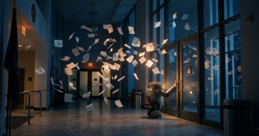 AI agent standing at a locked door surrounded by floating data pages, representing repeated attempts to access a blocked website