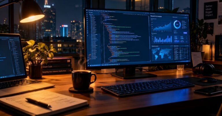 Empty desk with a glowing computer screen running AI research code late at night
