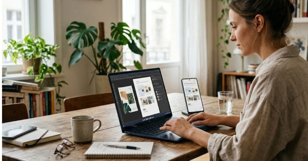 Professional using a laptop and Android phone together in a connected workspace