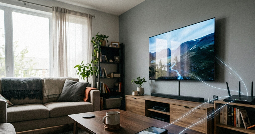 Smart TV in a living room alongside phones and other devices connected to the same home network.