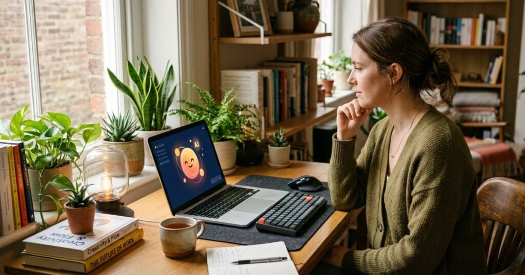 Person at a home desk thoughtfully reviewing an AI Research intern tool on their laptop