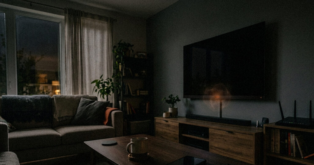 LG smart TVs appearing to be off in a dark living room while its built-in microphone remains active.