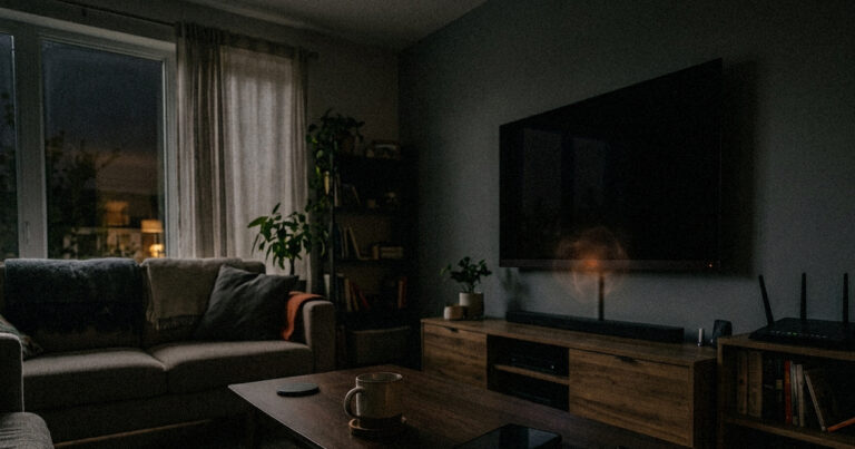 OLED television appearing to be off in a dark living room while its built-in microphone remains active.