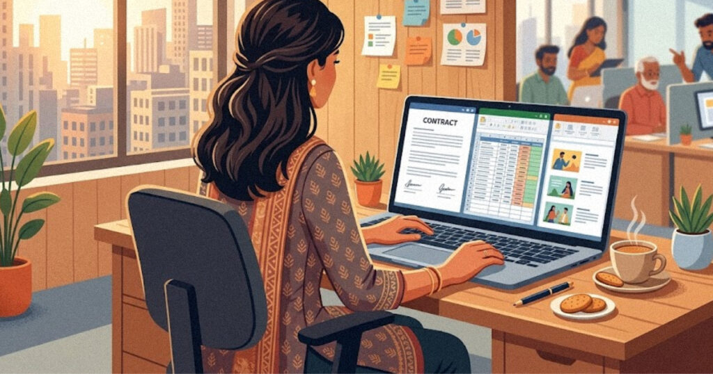Agency owner reviewing a contract, spreadsheet and presentation using AI tools on one laptop