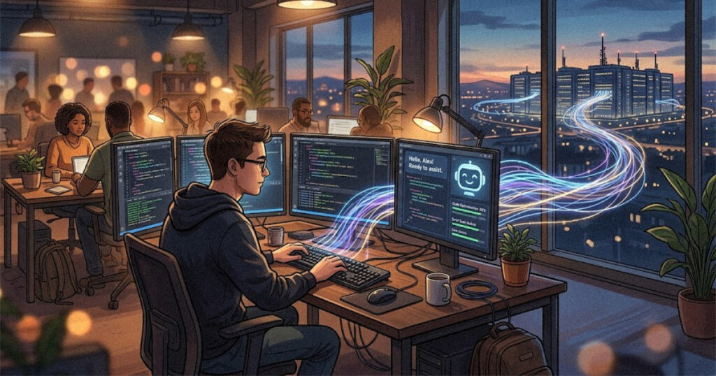 Developer using an AI coding assistant on screen with a glowing link to a faraway datacenter