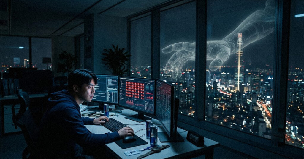 Security analyst watching alerts on screen as an AI-driven cyberattack targets South Korean banks