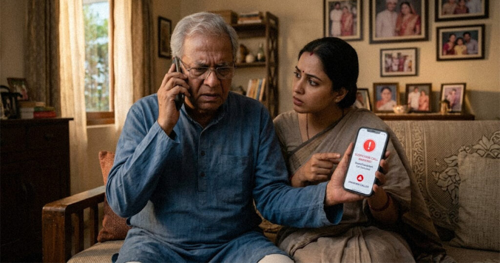 Elderly man receiving a suspicious call while a family member points to a scam warning on the phone