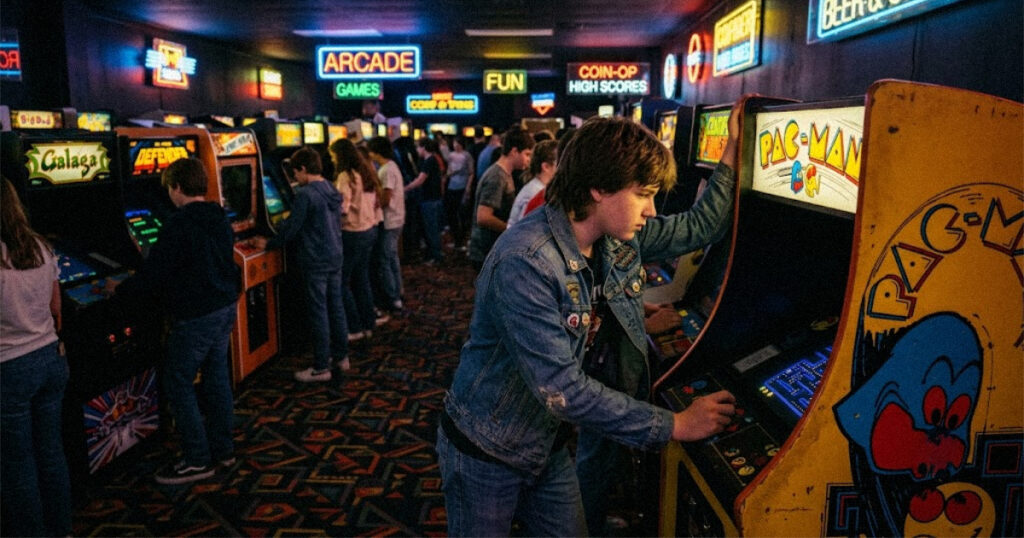 Teenager playing an arcade cabinet with colourful painted side art in a neon-lit 1980s arcade