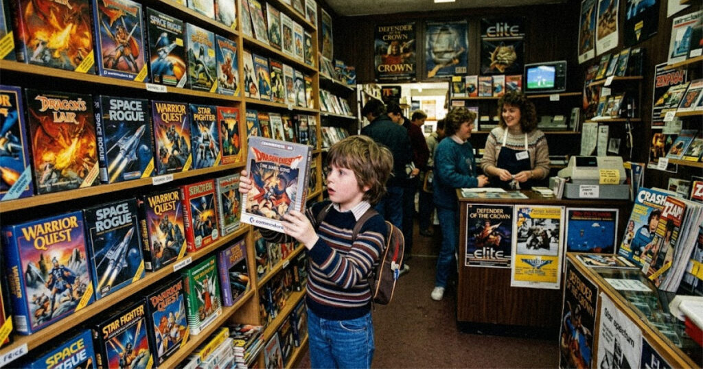 Child admiring a hand-painted video game box in a 1980s games shop