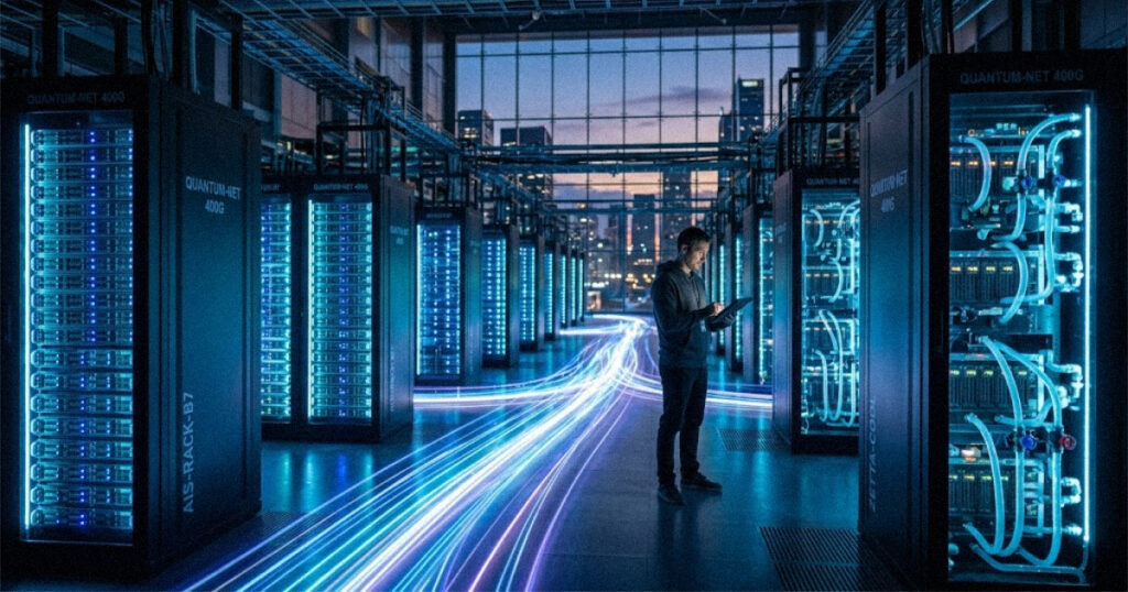 Engineer standing in a datacenter aisle between glowing server racks, representing the Azure Maia 300 AI system