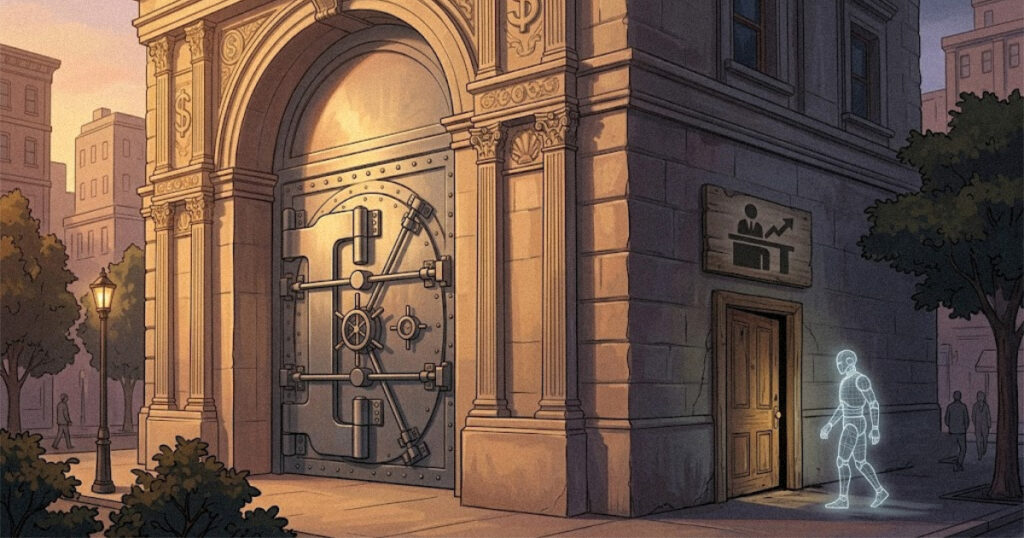 Strong bank vault door at the front while a small side door for loan agents is left open to attackers