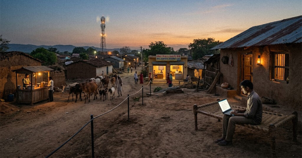 Young man using a laptop in a village connected by BharatNet fiber broadband