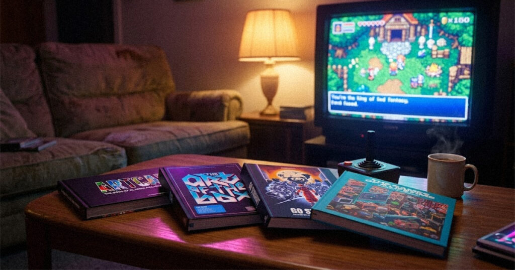 Four premium video game books laid out on a coffee table beside a retro joystick and a glowing TV