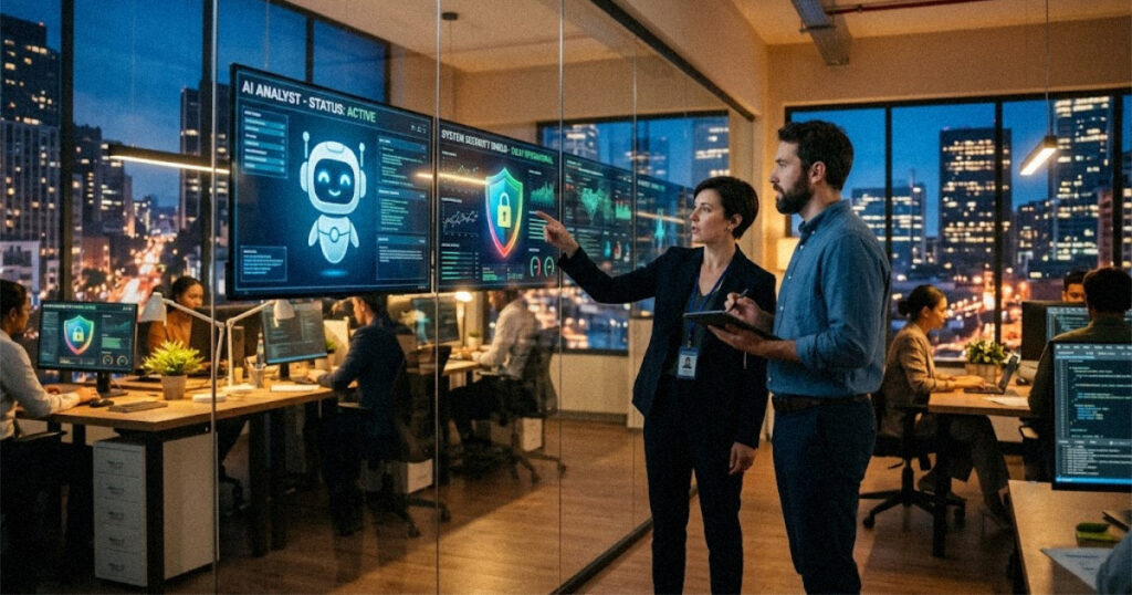 Security analyst and engineer reviewing an AI agent and a security shield on screens in a modern office