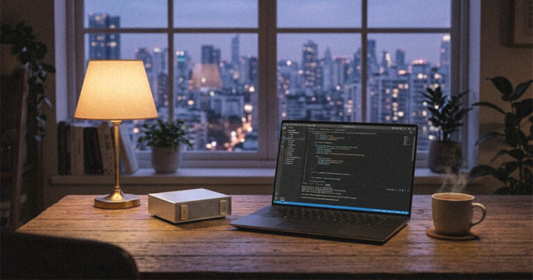Compact DGX Spark 64GB mini computer on a home office desk next to a laptop running code