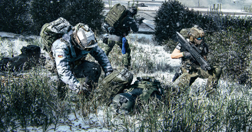 Female soldier crouching in a ruined city street next to a supply drop crate during a DMZ operation