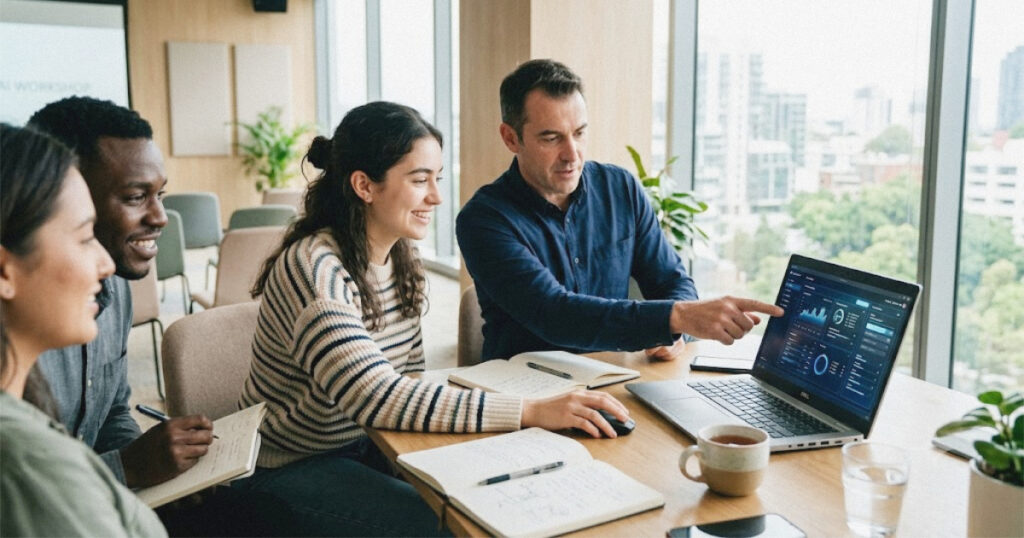 Employees learning practical AI skills in a workplace training session
