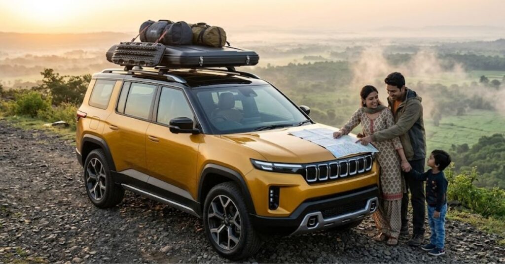 A family beside a rugged SUV at a hilltop viewpoint, imagining life with a future Jeep SUV made in India