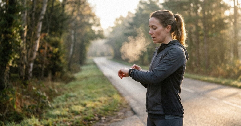 Runner checking her Fitbit Edge fitness tracker after a morning run