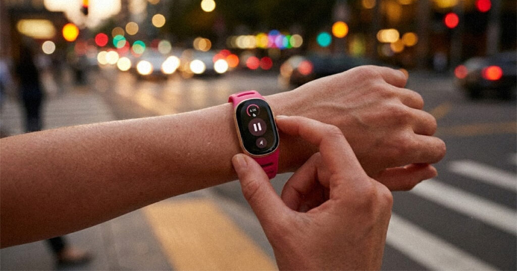 Runner pressing the side button on Fitbit Edge to pause a workout