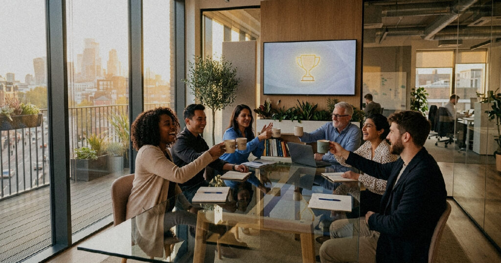 Employees celebrating together in a modern office after their company was named one of the best employers in the world