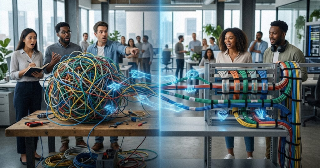 Tangled cables being neatly sorted to show how Gemini 4 Argon coding cleaned up Chrome's huge codebase