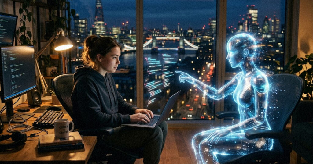 Developer working late at night with a glowing AI assistant that represents Gemini 4 Argon