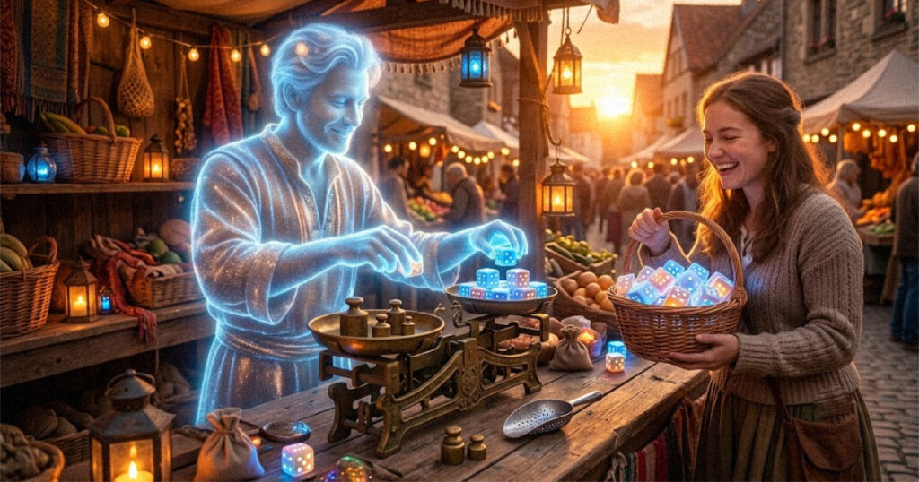 Illustration of a market scale weighing glowing cubes to explain how AI token pricing works