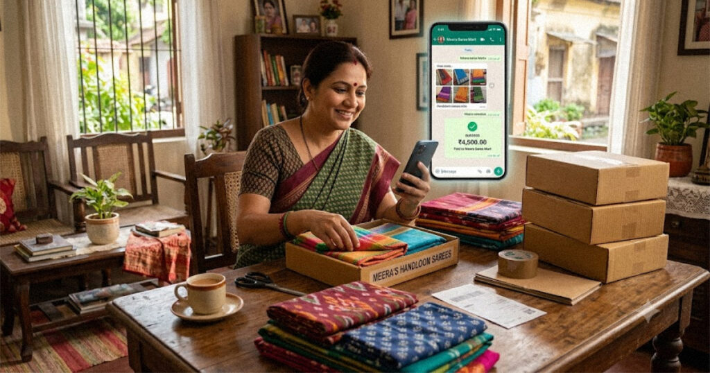 Handloom seller using her phone to sell sarees online and receive UPI payments