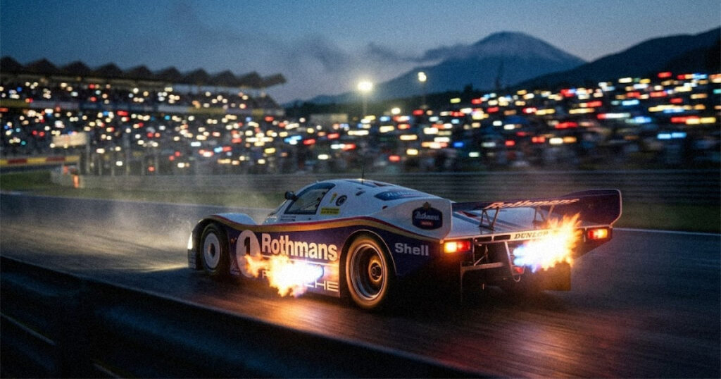 Classic 1980s IMSA GTP race car at night with exhaust flames