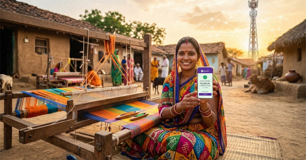 Village artisan using a smartphone to accept a digital payment, with a 5G tower in the background