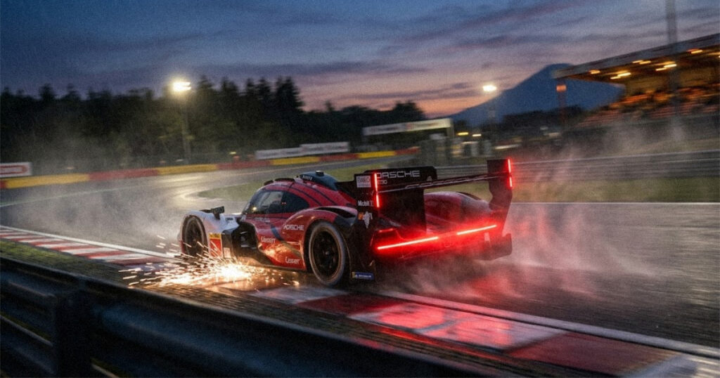 Hybrid LMP1 style race car exiting a corner at dusk