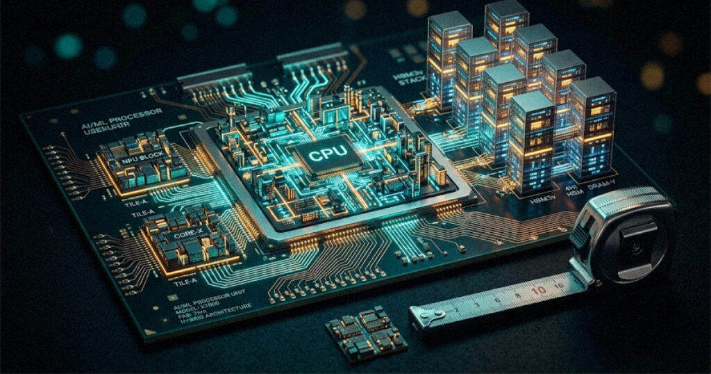 Close-up of a multi-chiplet AI processor with stacked memory shown as a glowing miniature city