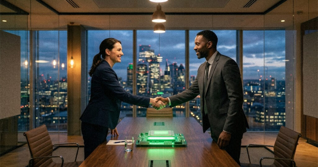 Two executives shaking hands in a glass meeting room while a glowing AI chip sits on the table between them
