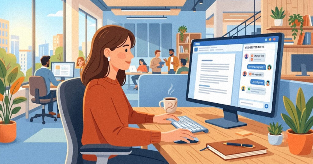 Office worker using an AI chat panel inside a document editor while working on a report