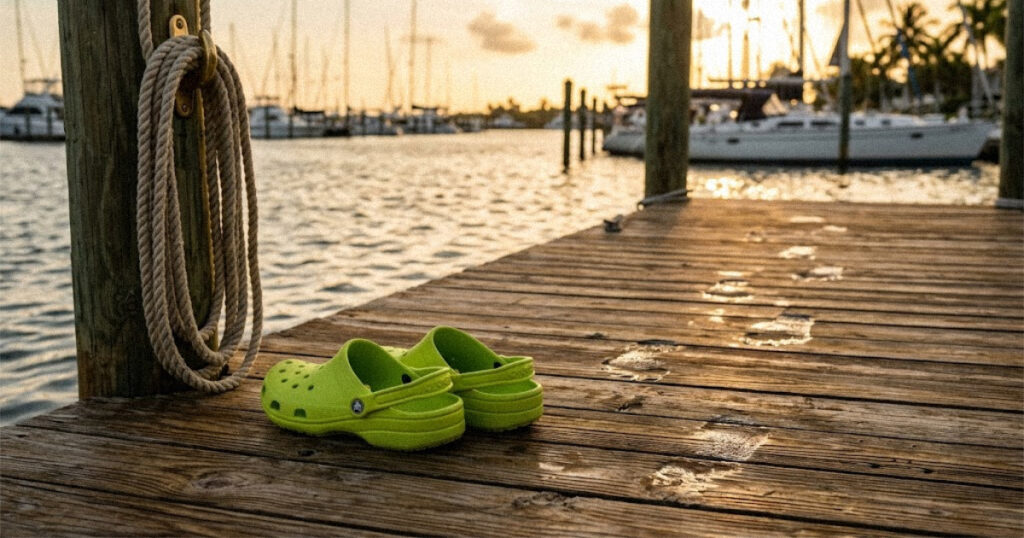 Bright green foam clogs on a sailboat dock at sunset, representing the origin story of Crocs