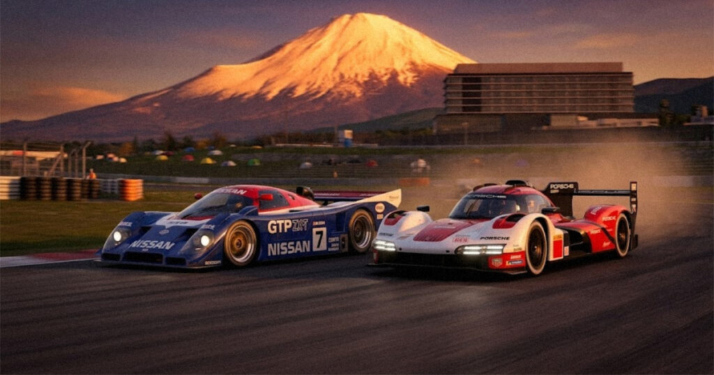 Modern prototype and classic GTP race car racing side by side near Mount Fuji