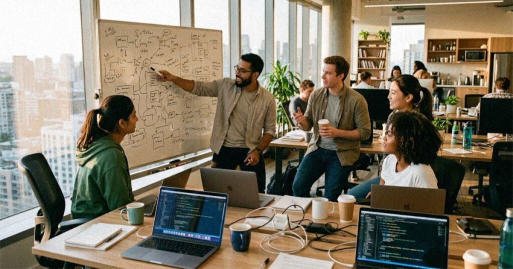 Young AI researchers discussing a plan at a whiteboard in a busy startup office