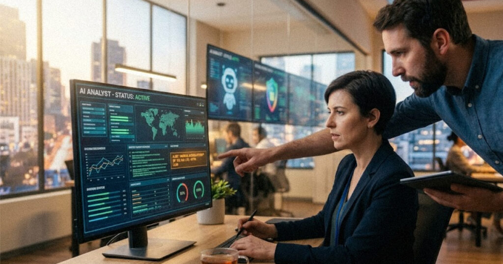 Security lead reviewing an alert on a monitor while a colleague points at the screen