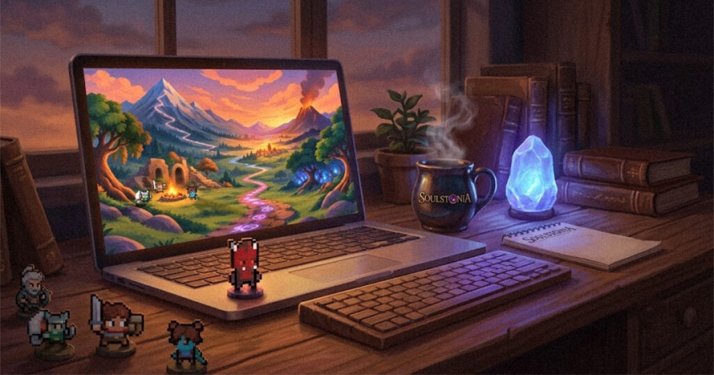 Player sitting at a desk starting the Soulstonia demo on a laptop at dusk
