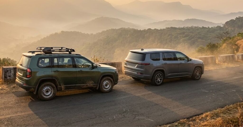 Two SUVs parked side by side on a hill road, showing the idea of a Tata Sierra based Jeep SUV 