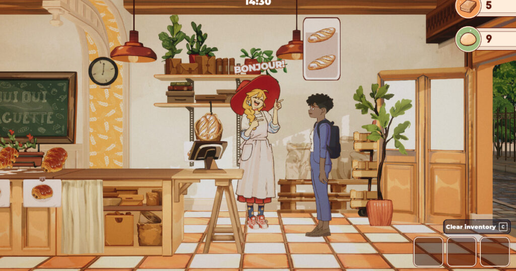 Illustration of a young witch baking pastries in a Paris bakery with a phone showing the same scene