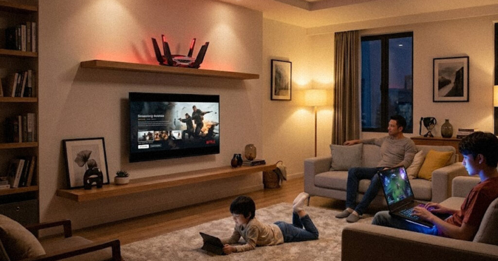 A family using many devices at once at home with a WiFi 8 router glowing on a shelf